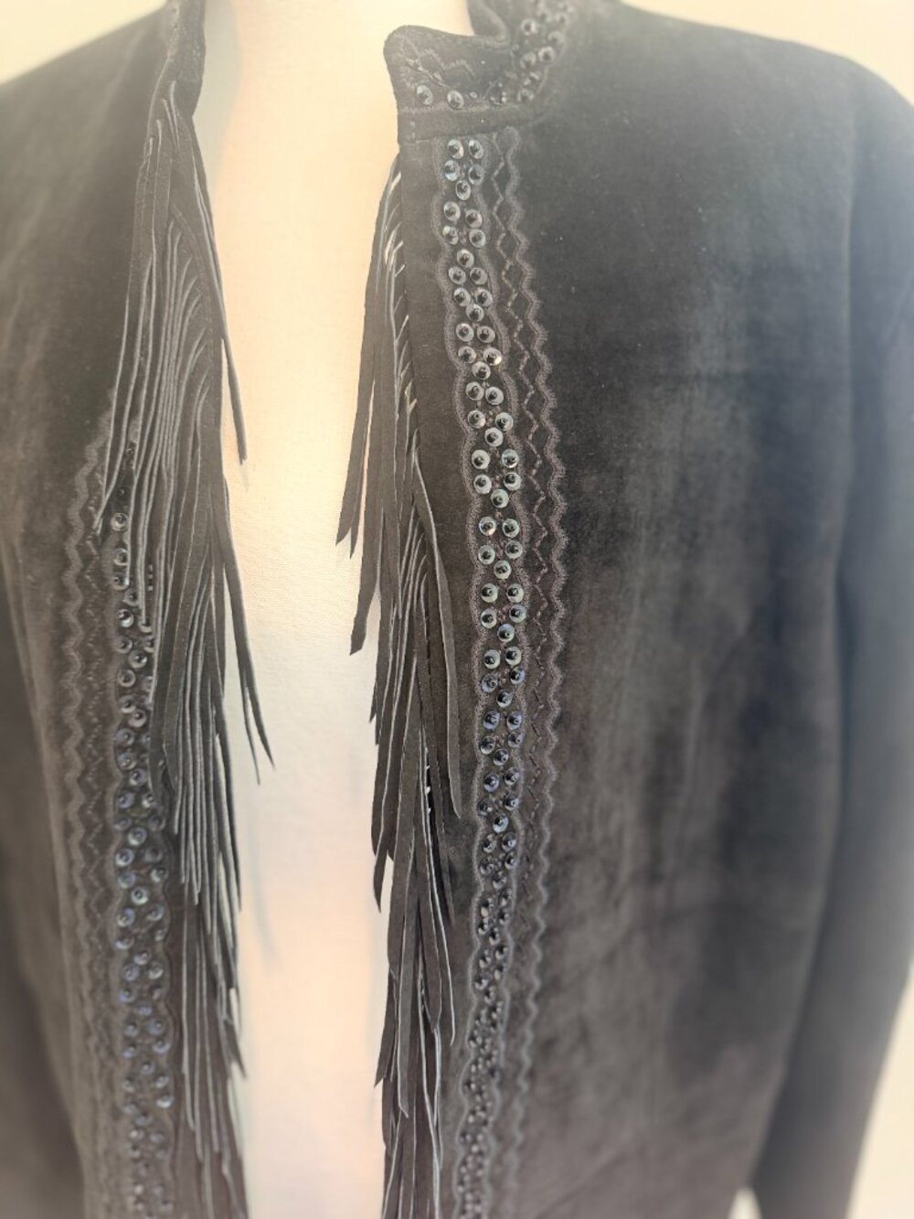 Margaret Godfrey Vintage Black Suede Boho Western Fringe Sequin Jacket XL